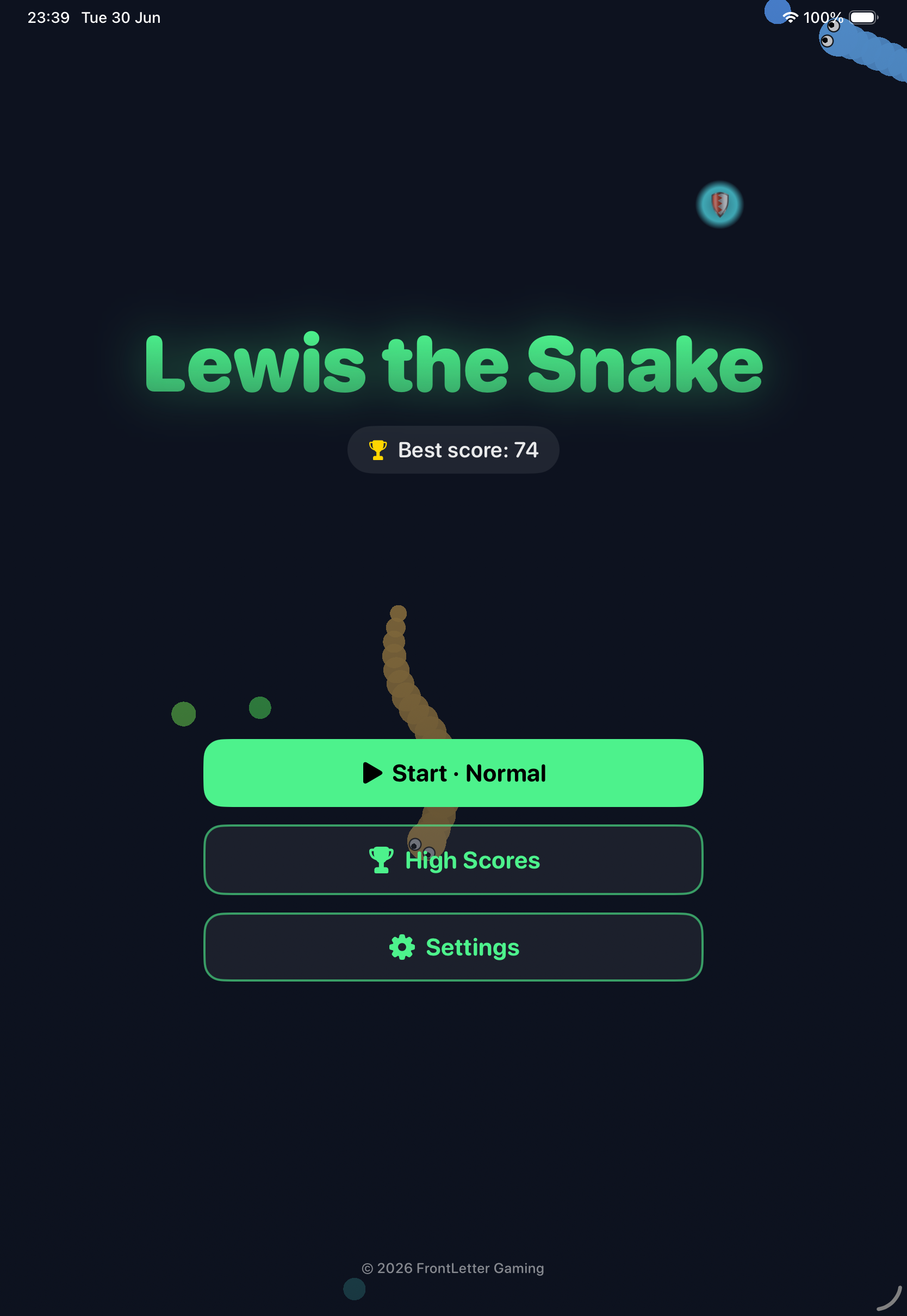 Lewis the Snake main menu with animated snakes